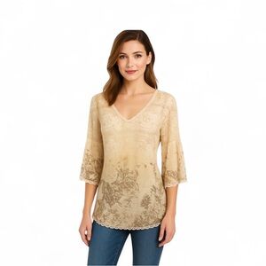 Apostrophe, Woman’s Top, Beige Ombre Floral, Tie Waist. Laced Hem. Lined. Med